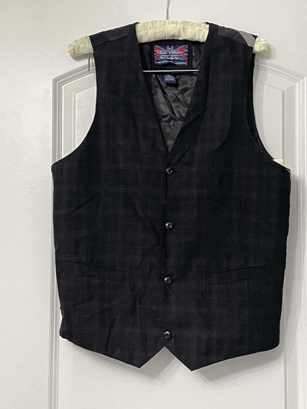 English Laundry Mens Vest M Black Plaid Waistcoat Union Jack Graphic Back Grunge